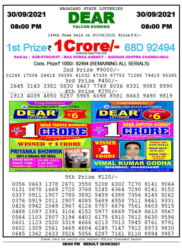 Dear Daily Lottery Result 8PM 30 SEP 2021