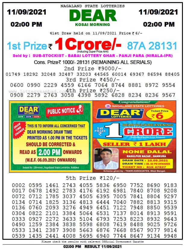 Dear Daily Lottery Result 02.00 PM 11 SEP 2021