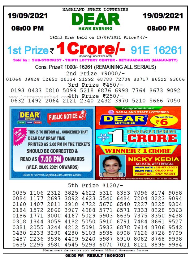 Dear Daily Lottery Result 8PM 19 SEP 2021