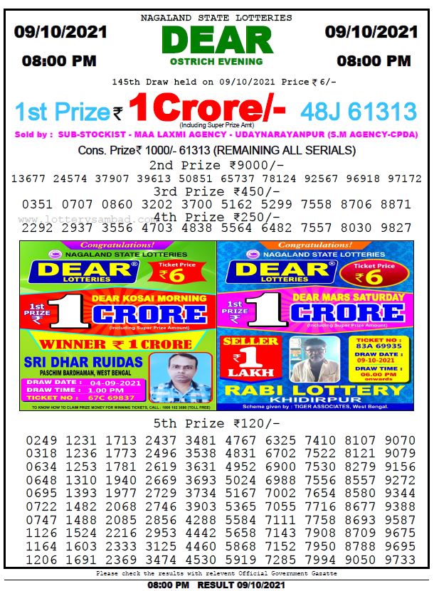 Dear Daily Lottery Result 8PM 9OCT 2021