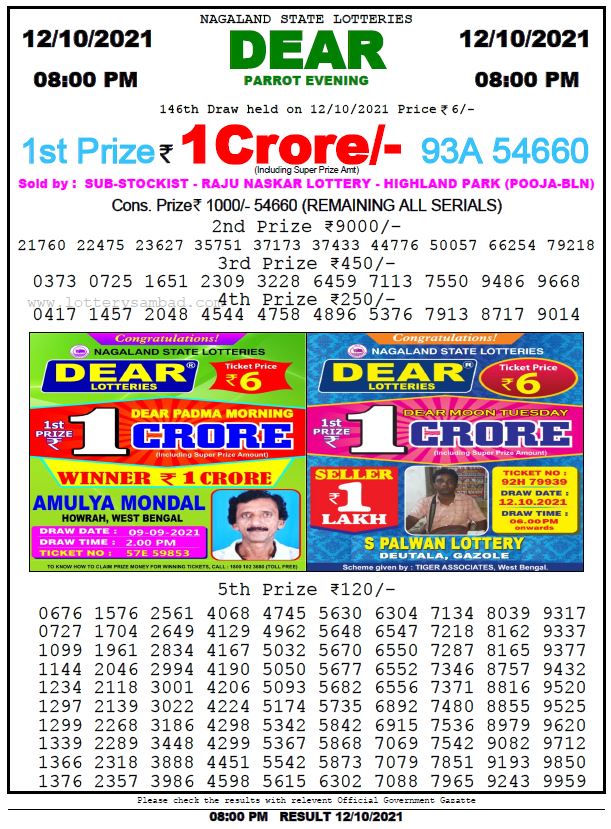 Dear Daily Lottery Result 8PM 12OCT 2021