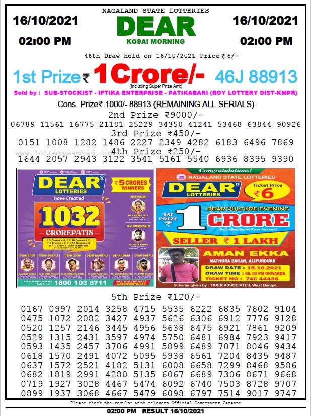 Dear Daily Lottery Result 1PM 16OCT 2021