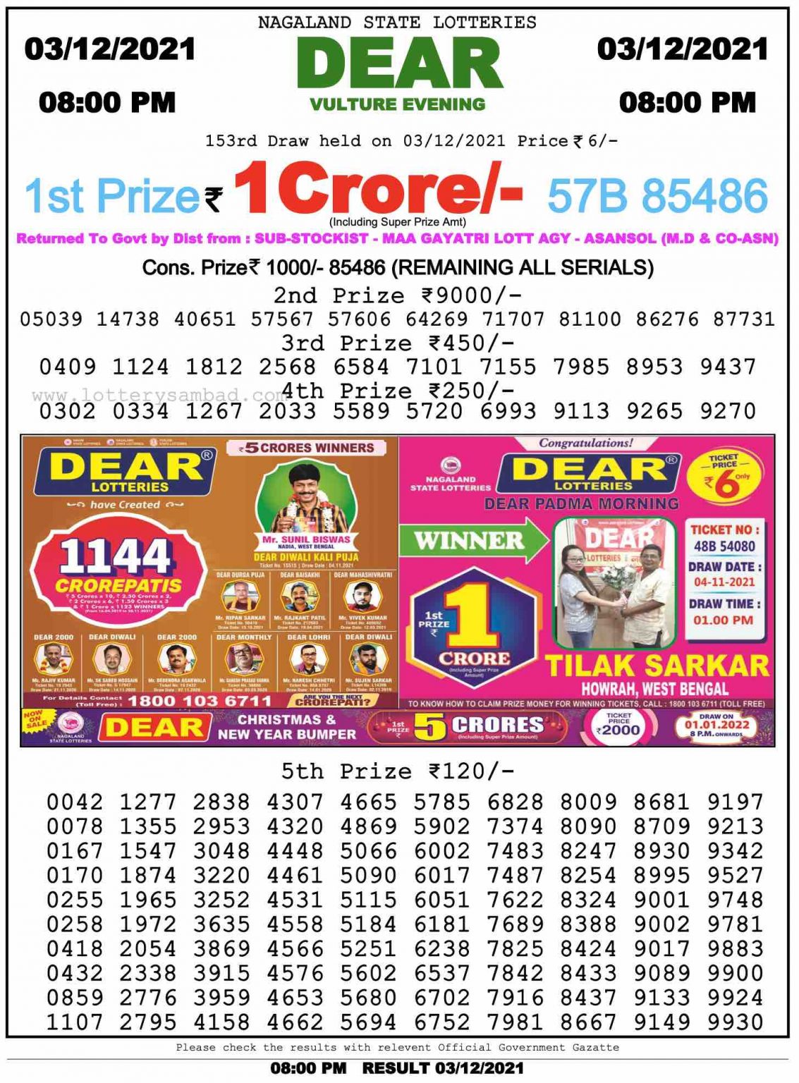 Dear Daily Lottery Result 8PM 3 Dec 2021