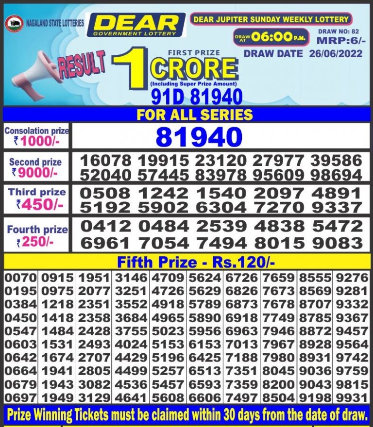 Dear Daily Lottery Result 6PM 26 jun 2022