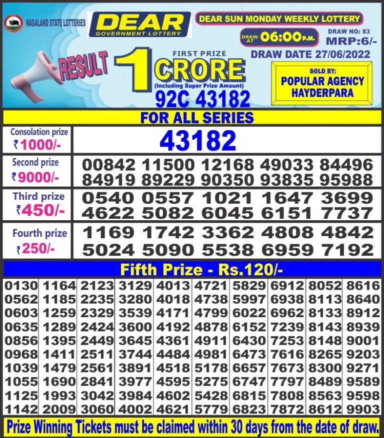 Dear Daily Lottery Result 6PM 27 jun 2022