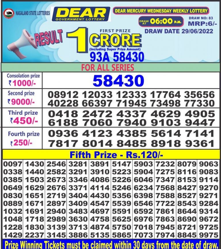 Dear Daily Lottery Result 6PM 29 jun 2022