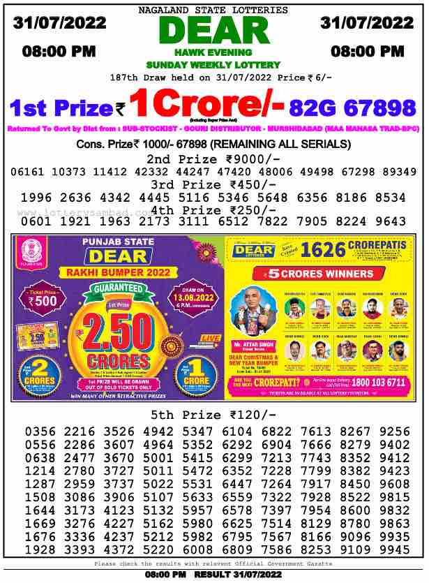 Dear Daily Lottery Result 8PM 31 jul 2022